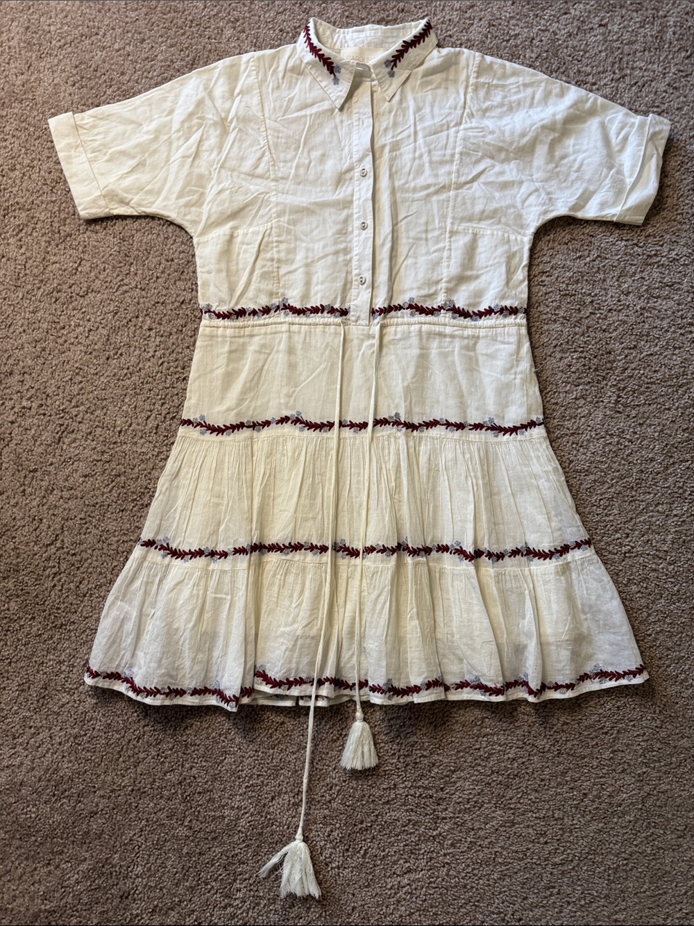 Cream Short-Sleeve Tiered Shirt Dress with Burgundy Trim